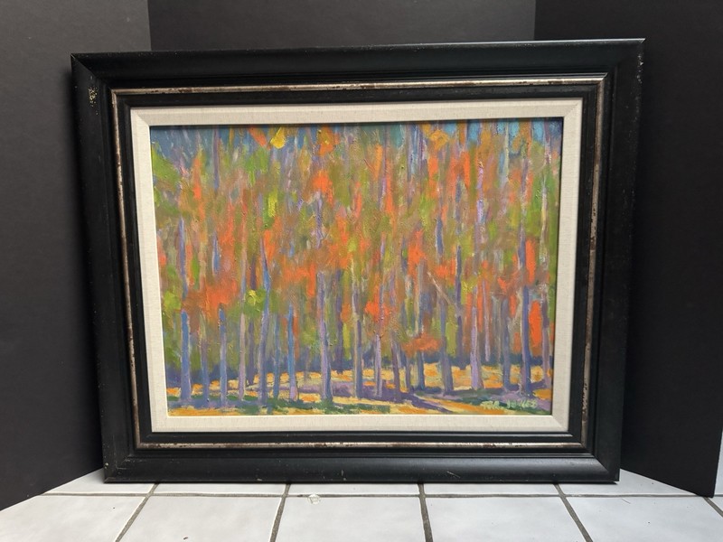 Original Art Framed (25×31) Painting Signed «T.A Jones» Forest Trees Autumn