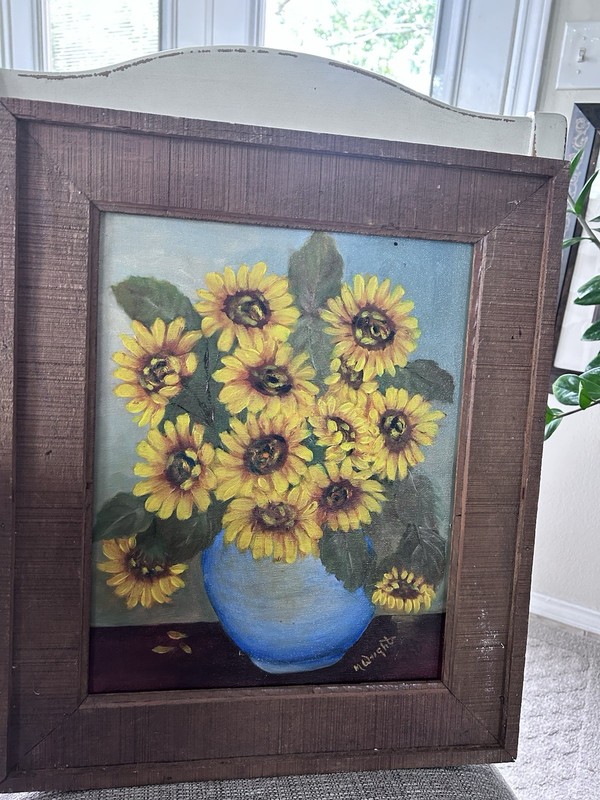 Original Oil Painting Sunflowers in Blue Vase Signed M. Wright Framed Floral Art