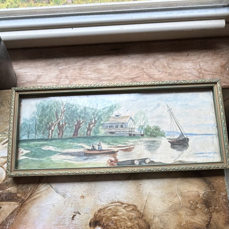 Framed Watercolor Landscape Painting Lake Boats House Trees Signed 1906 Original gallery