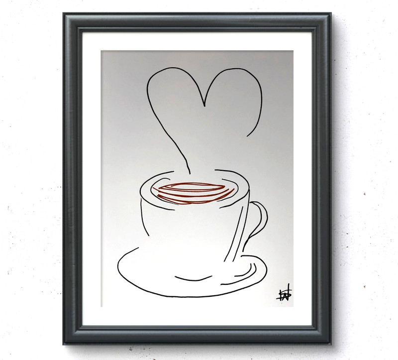Love coffee modern figurative line art painting 14X11 Gallery Paper original