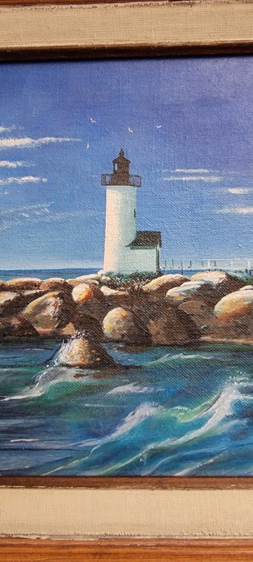 Vintage Original Acrylic On Wood Board Lighthouse/ Seascape Painting 17x14 gallery