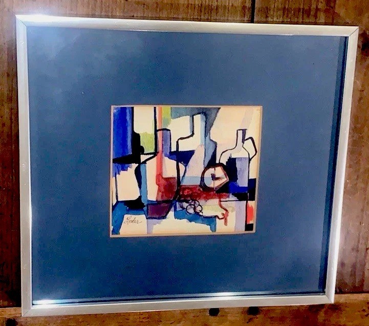 Contemporary Cubist Watercolor By Leder / ~9 X 10” / Matted & Framed