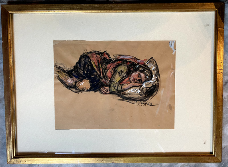 :AQUARELL PORTRÄT SCHLAFENDE BETTLERIN KISSEN 15. 08. 1962 ZEICHNUNG RAHMEN