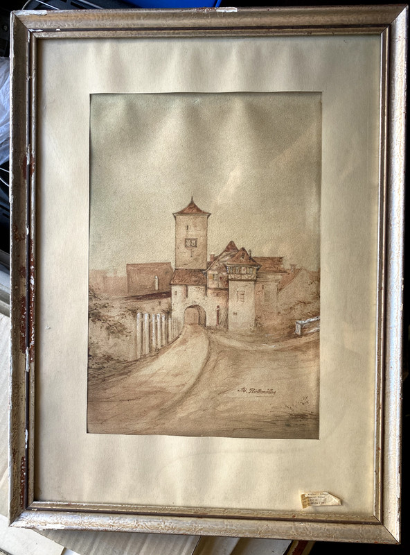 ::WATERCOLOUR SIGNED AD. RIETHMÜLLER CITY GATE SMALL TOWN MEDIEVAL ° WHO KNOWS WHERE
