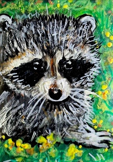 ORIGINAL ACEO Painting RACCOON Summer Flowers Landscape Animal Coon Nature ART