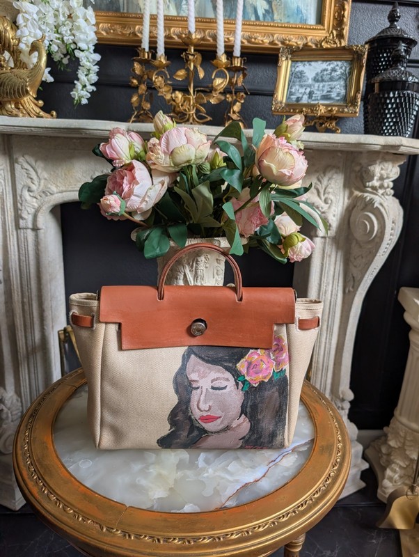 Vintage Hermès Herbag PM Hand-Painted Portrait, Original Customized Artwork