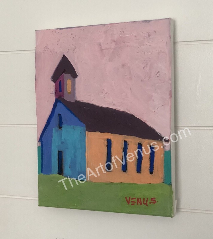 Original Painting Primitive Folk Art Country Farmhouse Church Colorful Canvas gallery