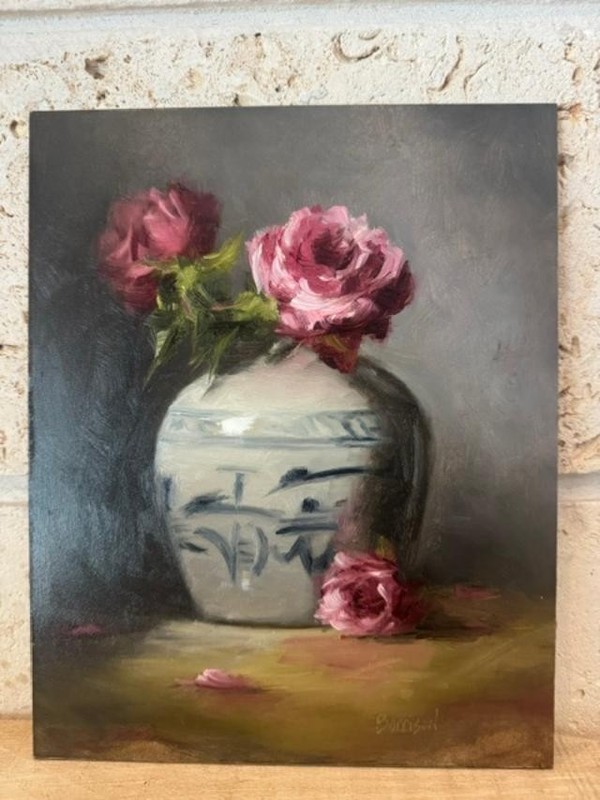 PINK ROSES WITH CERAMIC VASE OIL Painting Art Floral Still Life 8X10