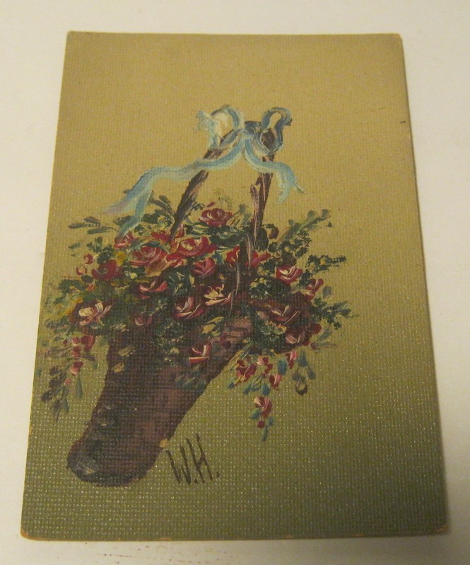 Victorian Era Hand Painted FLOWER BASKET Postcard Initialed «W.H.» !!