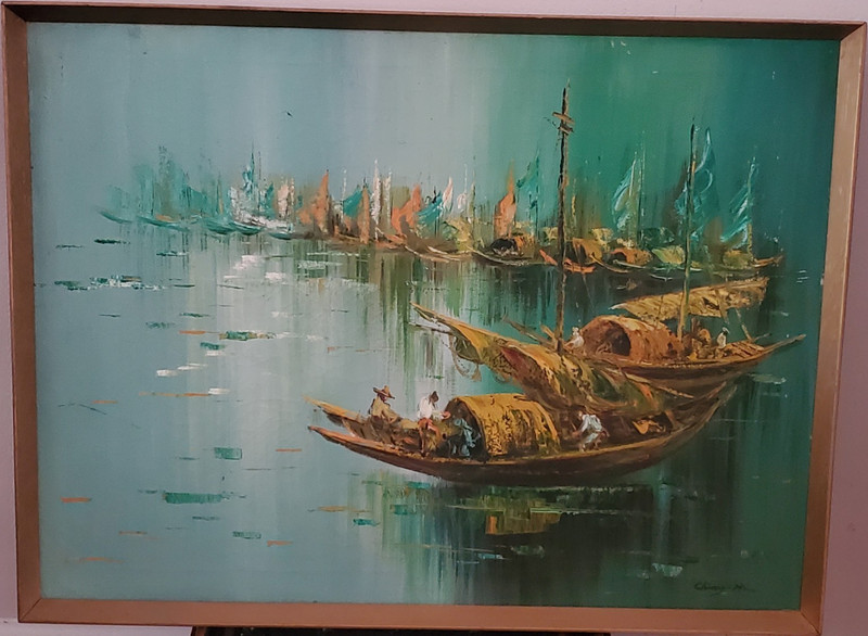 C. P. Huang Impressionist Oil Painting Framed Harbor Scene Boats Chinese Art