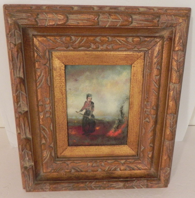 Art Painting Girl next to Fire in Field in Ornate Wood Frame ,Enamel or Acrylic?