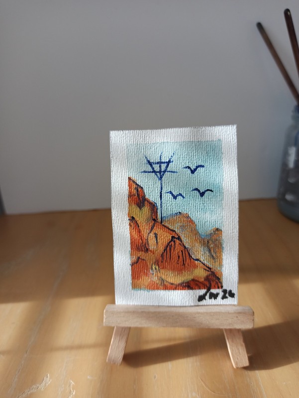 ACEO Desert Blue Red Rock Canyon Crows Hand-painted Miniature Art By O.MyLore
