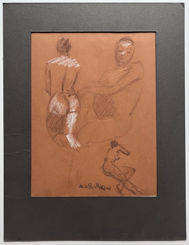 Vintage 40s Risqué Rubenesque Woman Lady Oil Pastel Drawing Jack Paul Maroon NYC