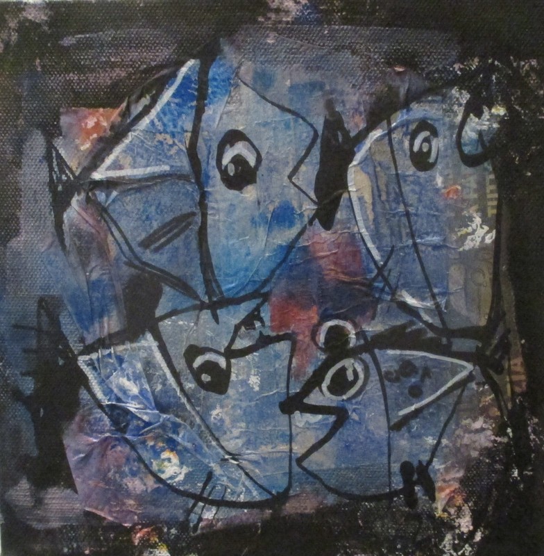 Fish collage with paper acrylic picture on canvas unique gouache orig sign ZM
