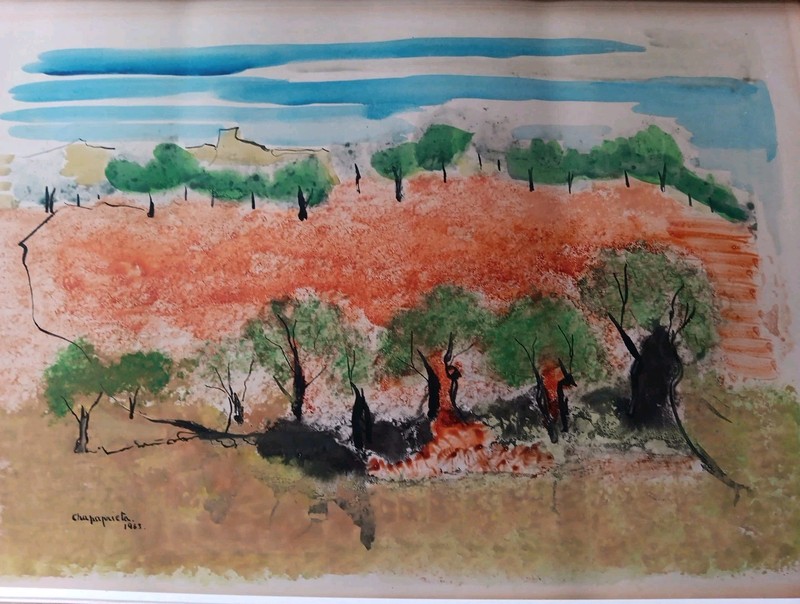 1963 Basque Semi Abstract Watercolor by CHAPAPRIETA MCM Modern Landscape gallery