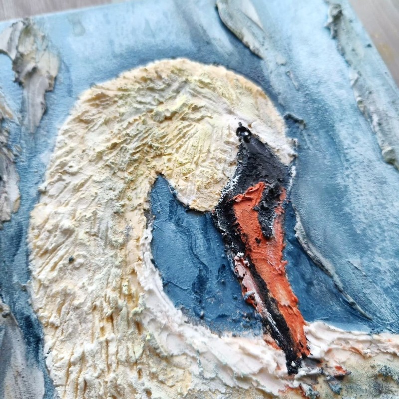 Original Volume Oil Acrylic Painting Wall Textured Art Mother Swan & Baby 12x8in gallery