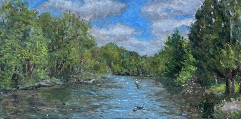 Fishing In The Rogue River, Rockford Michigan – Original Oil Painting