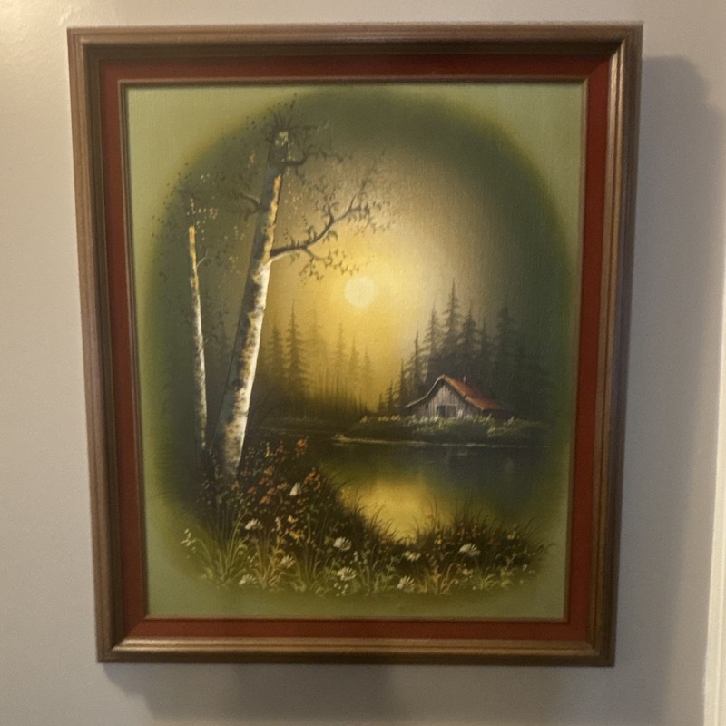 Framed Signed Original Landscape Painting Cabin Lake Trees Nature Wall Art