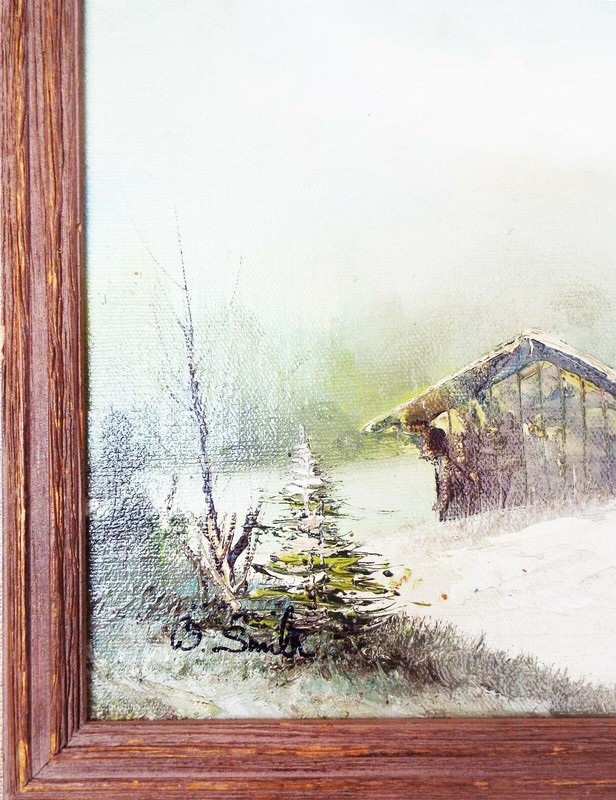 VINTAGE ORIGINAL SIGNED OIL ON WOOD W. SMITH WINTER CABIN PAINTING WOOD FRAMED gallery