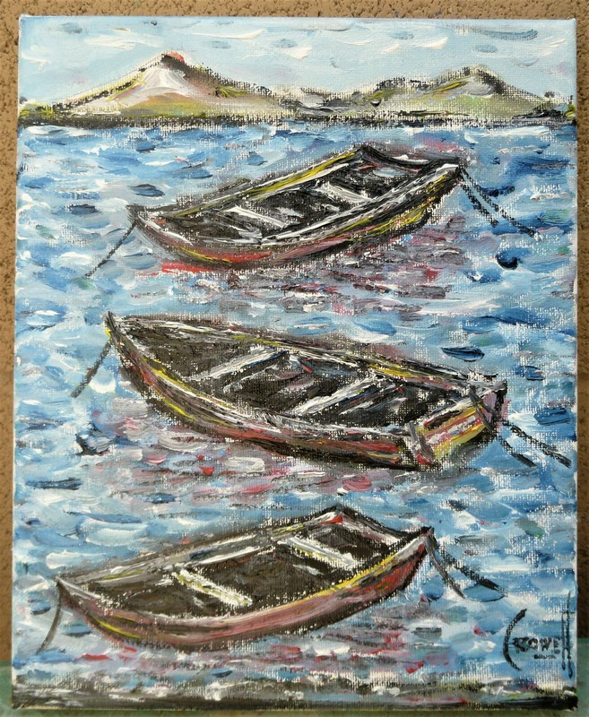 THREE FISHING BOATS new sea wow canvas oil painting 8×10 art original Crowell