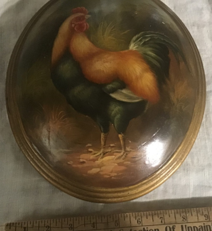 12”Rooster Oil painting on Oval Wood Artist~Old vintage Rare Original Art~Unique gallery