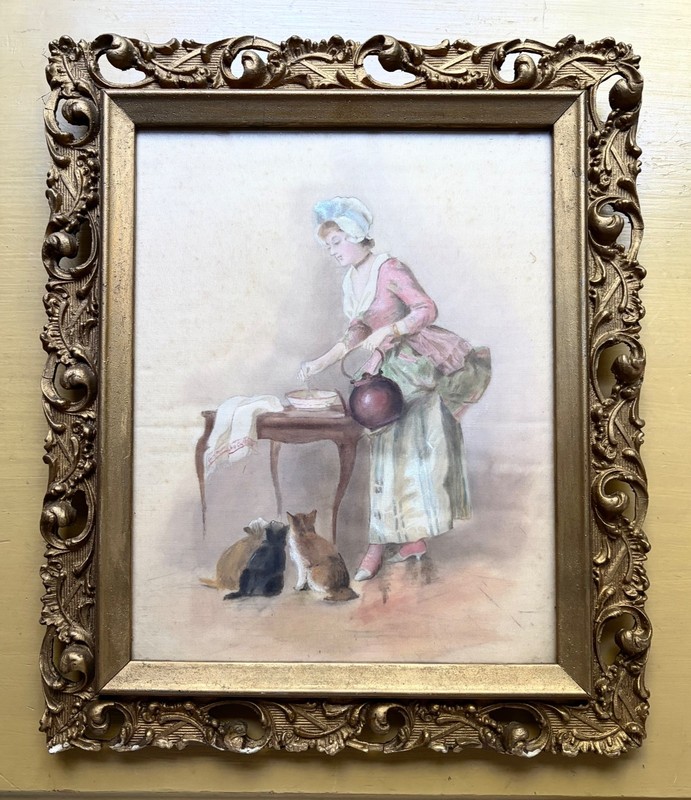 Antique Victorian Oil Painting Woman/Kittens Ornate Gold