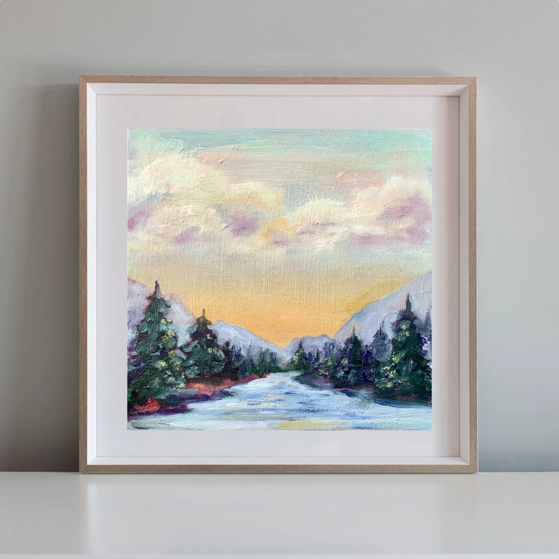 Original Art 10x10" Rocky Mountains Painting Pine Forest Landscape Art gallery