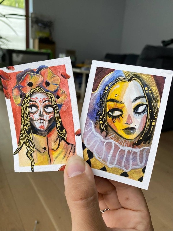 ACEO Original Painting Calavera Catrina 2.5x3.5 Card gallery