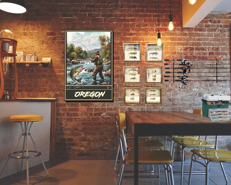 Bass Fly Fishing Travel Poster Oregon Print, Canvas, or Framed gallery