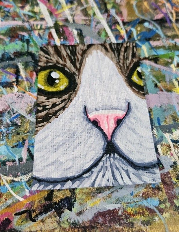 ACEO Tabby Cat Mini Painting Original White Cat Face Acrylic Signed Artwork gallery