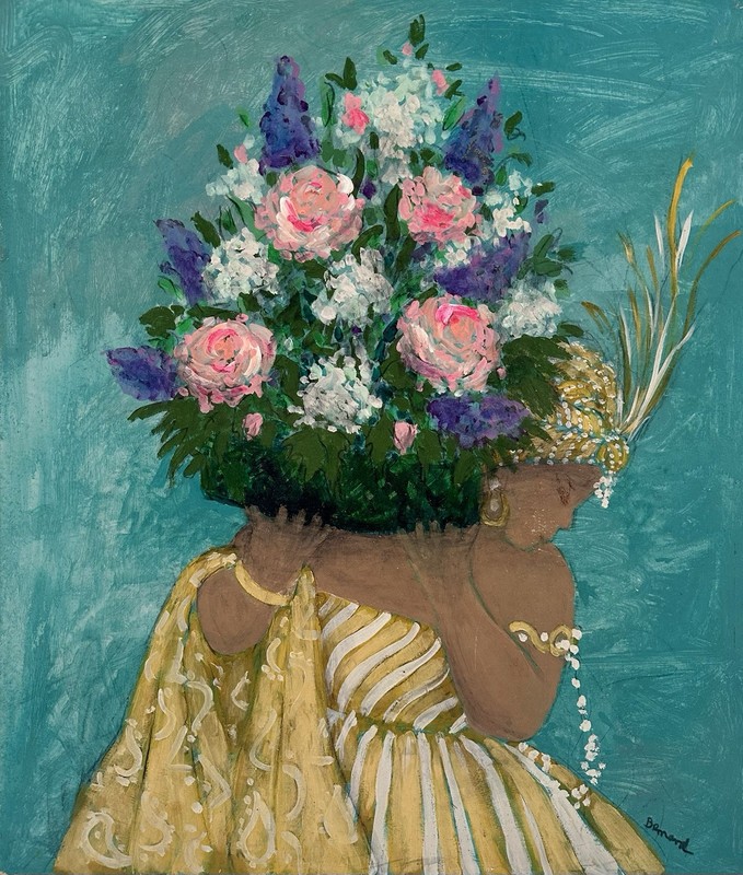 Vintage Figurative Art Painting Woman Floral Flower Gold Headdress Signed 24×28