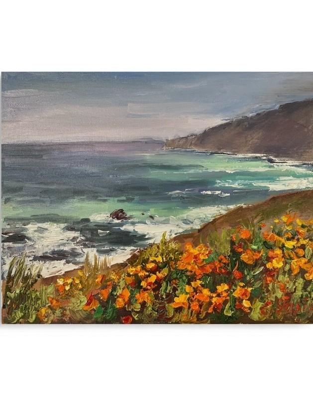 Original oil painting Big Sur California poppies Coastline Canvas Hand painted