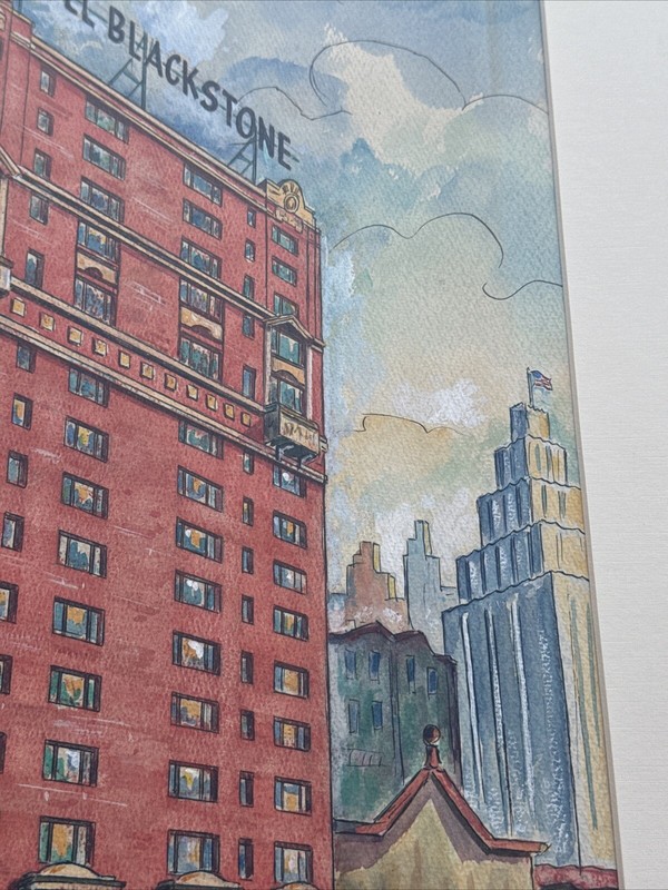ANTIQUE WPA PAINTING AMERICAN REGIONALISM HOTEL BLACKSTONE CHICAGO LEWY LISTED gallery