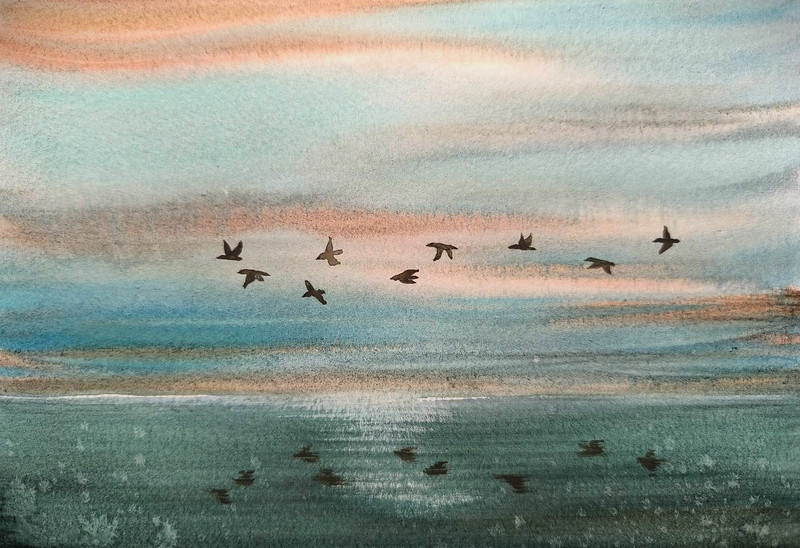 BERDS FLYING CLOUDY SKY Original Artwork Painting Landscape Art Seascape Gift A5