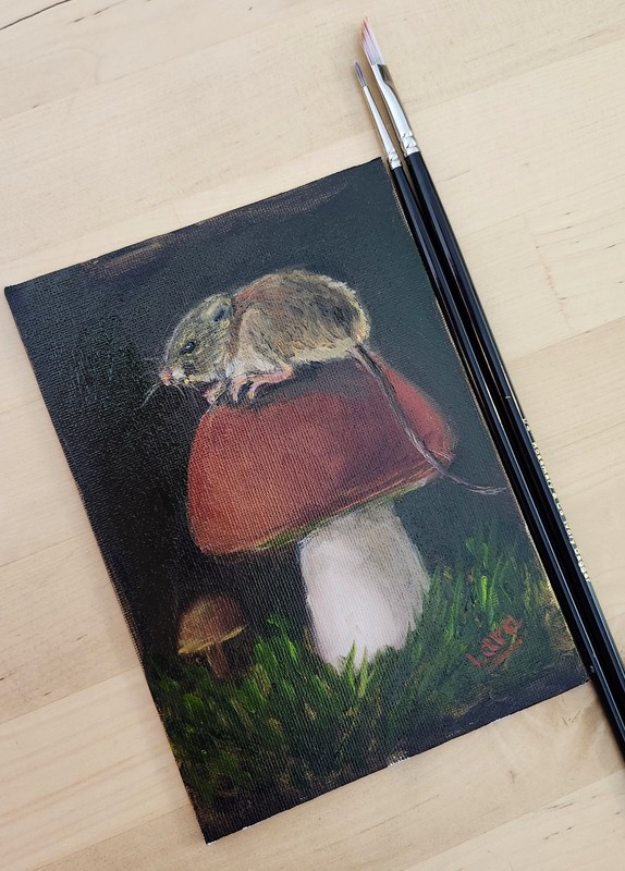 Framed Original Oil Painting Mouse on Mushroom 5x7 Signed OOAK Woodland Art gallery