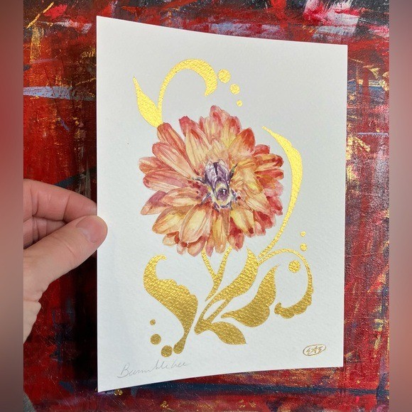Bumblebee Original Watercolor Painting bee Dahlia Flower Art Gold accent floral gallery