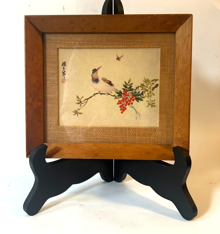 Vintage Asian Hand Painted Silk Bird Branch Berries Signed Framed Miniature Art gallery