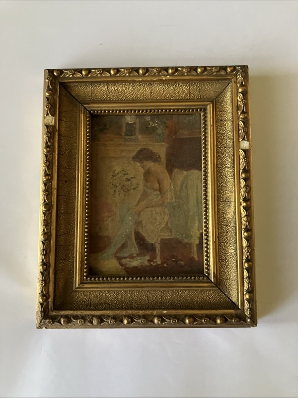 Orig Oil Painting on Board of Boudoir Scene in Gilded AsIs Frame C1899 UnkArtist