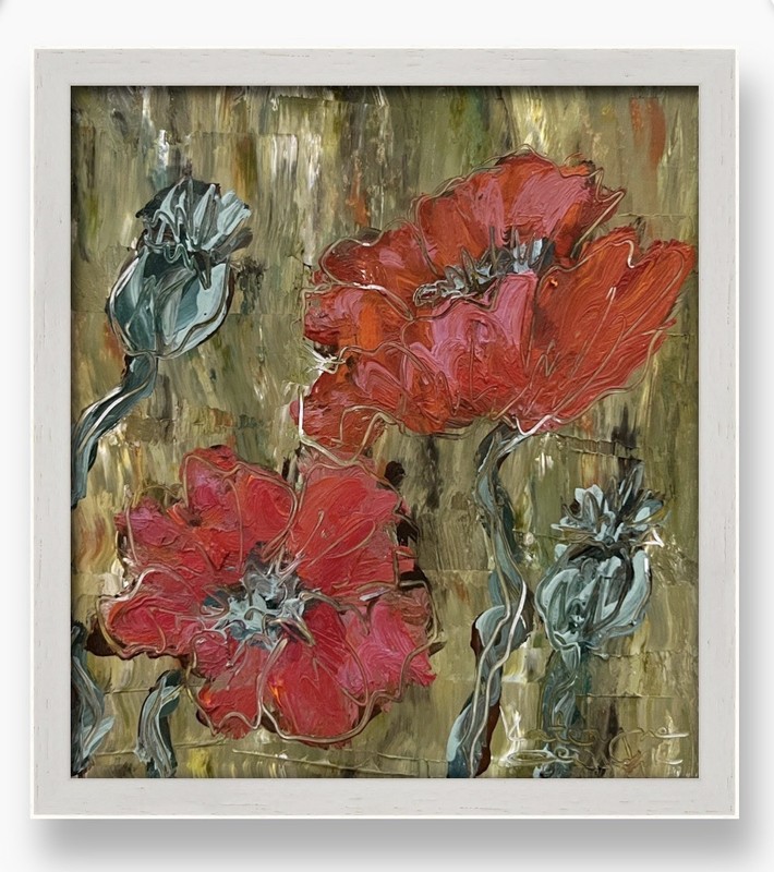 Abstract Poppies Art Framed Red Poppy Flower Original Oil Painting Rustic Decor