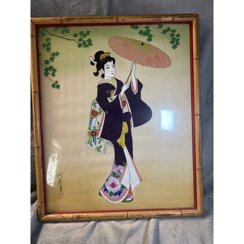 Vintage Japanese Geisha Parasol Framed Silk Print Bamboo Style Frame 18″