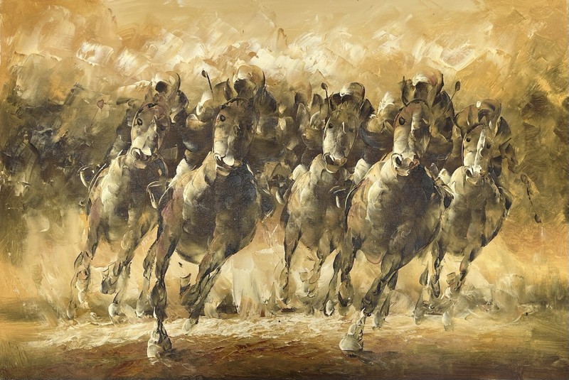 Canvas Wall Art Modern Decor Oil Painting Hand Painted,Horses Racing,60 X 90 cm