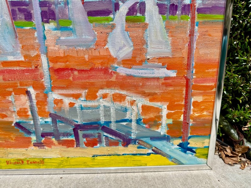 Listed Artist Vincent Farrell Impressionist Oil Painting Sailboats Dock Harbor gallery