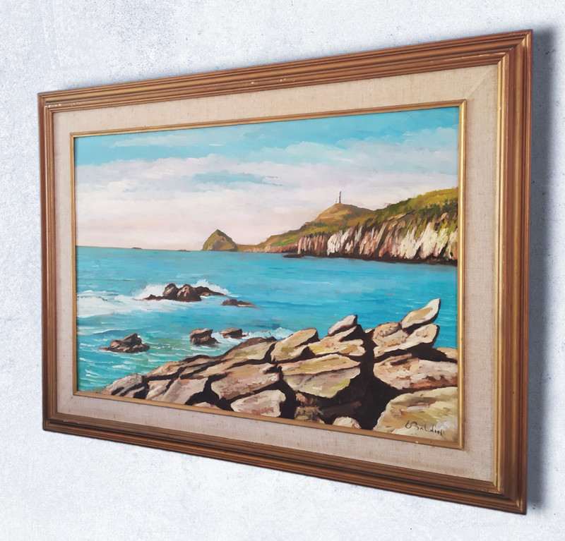 Italian Coastal Landscape, Seascape with Lighthouse,Original Oil Painting signed gallery