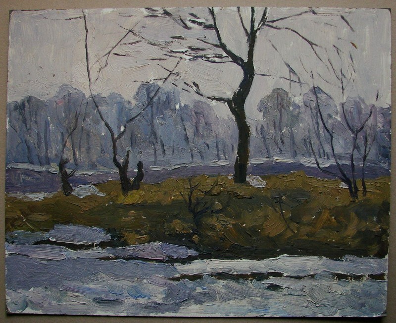 Ukrainian Soviet Oil Painting impressionism park early spring thaw