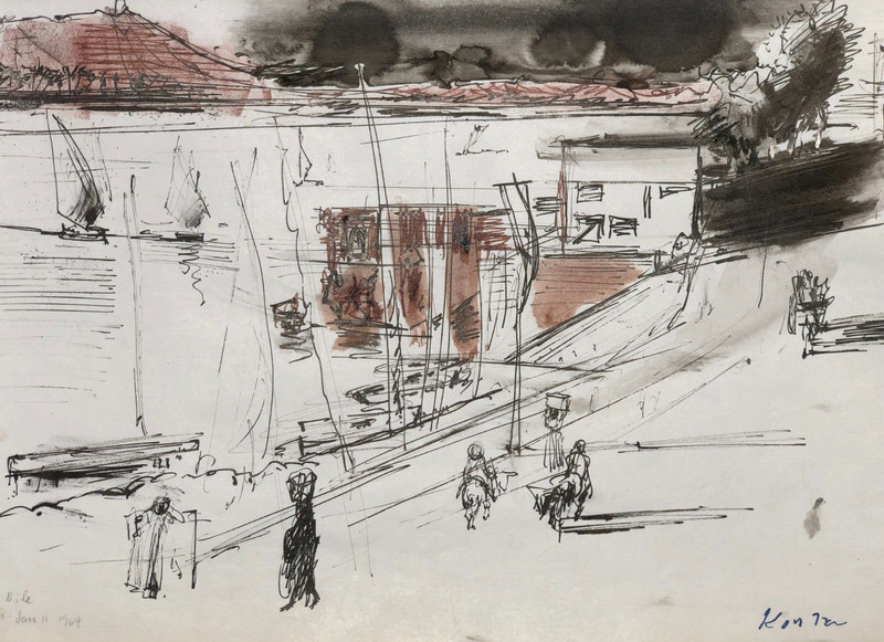 The Nile Aswan- 13 1/2 x 16 1/2 -Watercolor & Ink Painting-1964-Adolf Konrad gallery