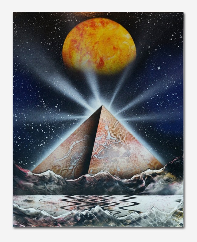 1990’s Vintage Original SPACE Sci-Fi Fantasy Pyramid Painting Planets, Signed