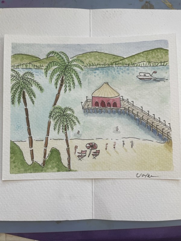 OOAK Ocean Beach Pier Tropical Island Landscape Watercolor Painting Coastal Core