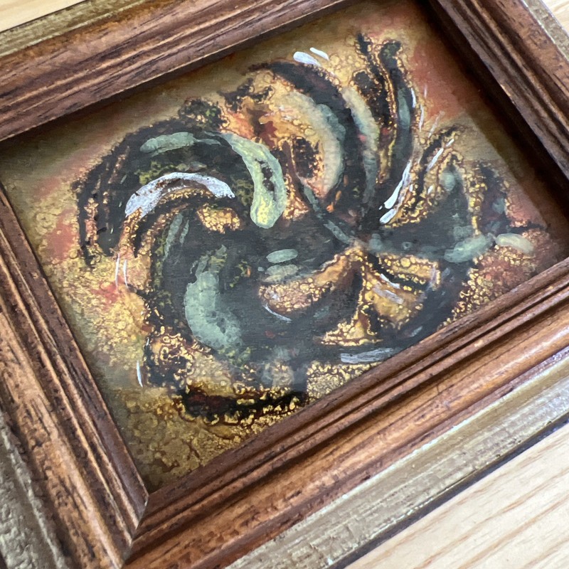 Mid Century Enamel on Copper Abstract Art w Folding Wood Easel Display Stand gallery