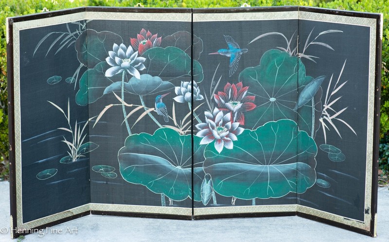 Beautiful Vintage Painted Asian Folding Screen of Flowering Lily Pads and Birds
