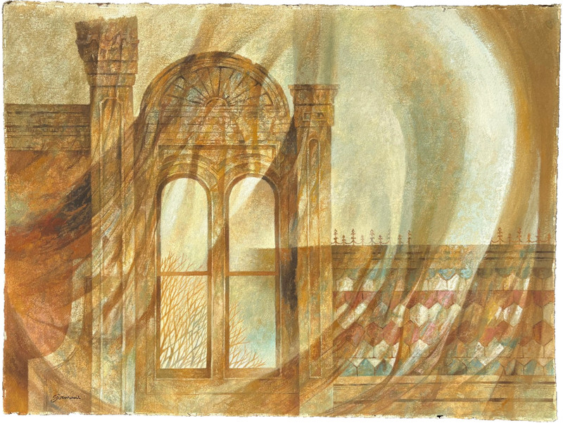 Reflections from a Windswept City Building Casein Painting-1970s-William Gorman
